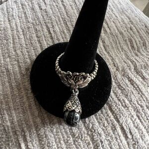 Sterling Silver Ring with black pearl dangling. Size 8. Like new!